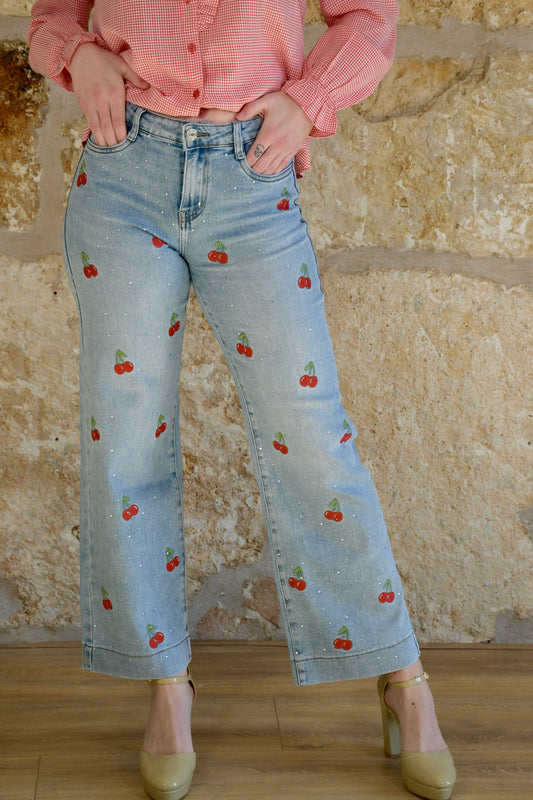 Pantalón denim bordado cerezas