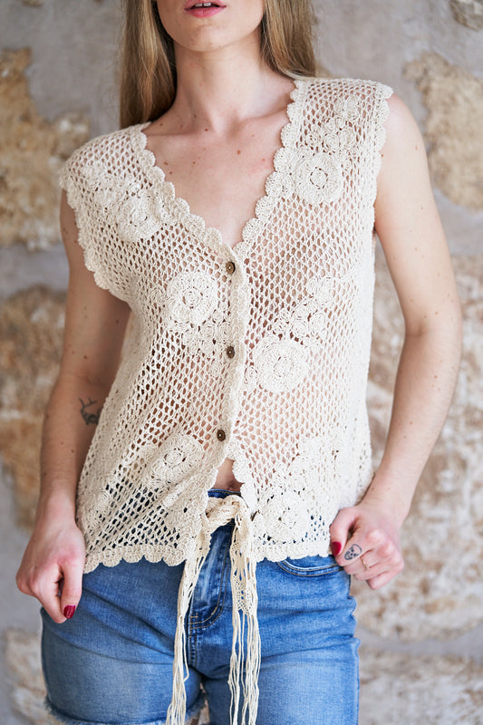 Top de crochet beige amb paillettes