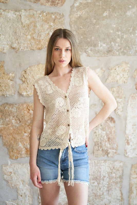 Top de crochet beige amb paillettes