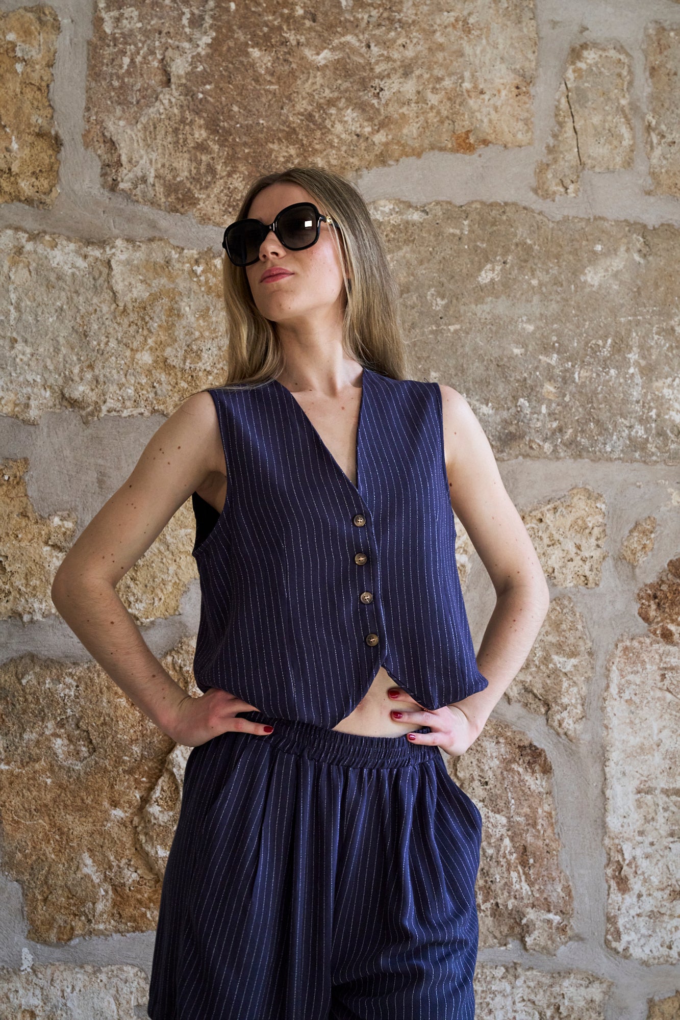 Conjunt armilla amb pantaló ratllat Blau