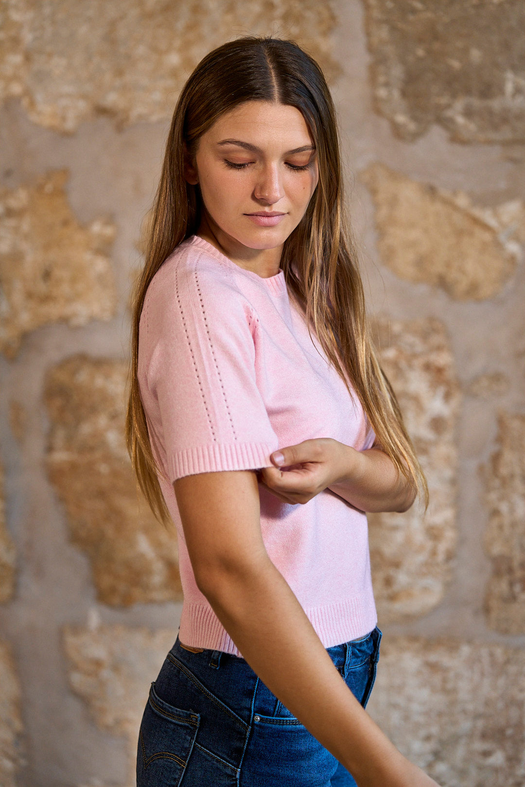 Jersey de punto manga corta en color rosa