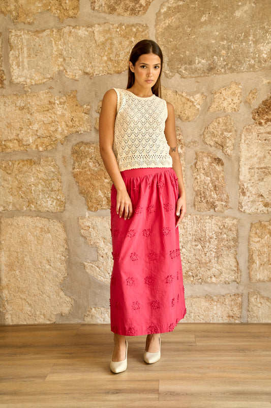 Falda midi bordada fucsia Rosalie