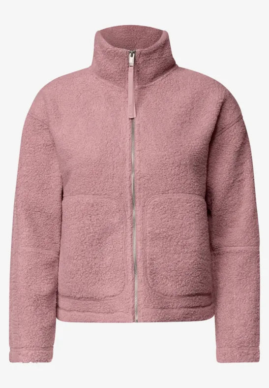 Chaqueta de borreguito con cuello alto y cremallera en color rosa
