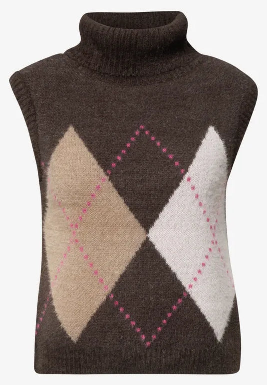 Chaleco de punto con cuello y estampado de rombos