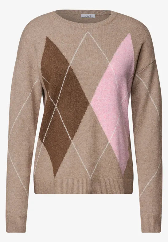 Jersey de punto con rombos en tonos beige, marrón y rosa