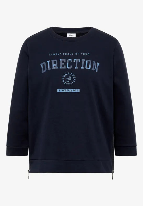Camiseta azul marino con mensaje y cremalleras laterales