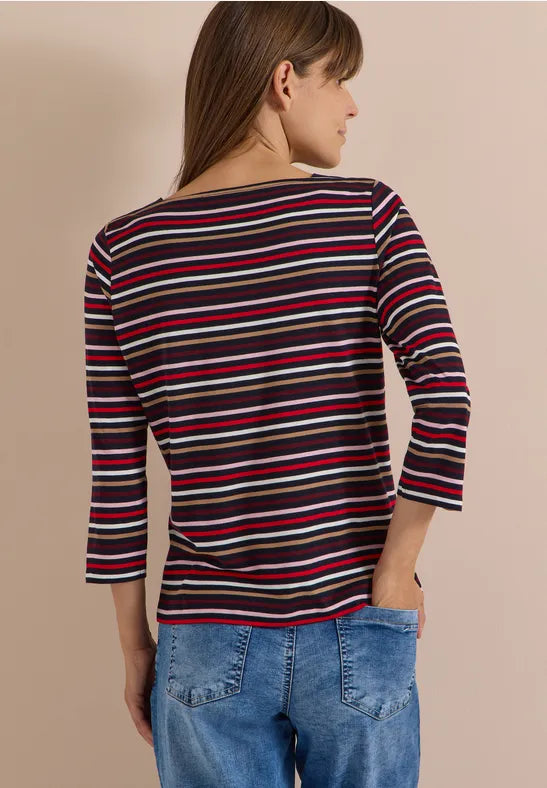 Camiseta de manga tres cuartos con cuello barco y rayas color azul marino