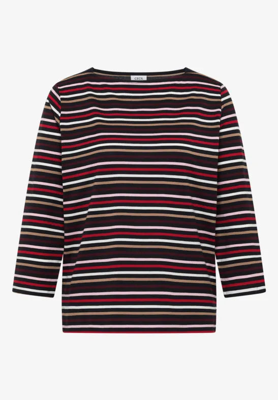 Camiseta de manga tres cuartos con cuello barco y rayas color azul marino