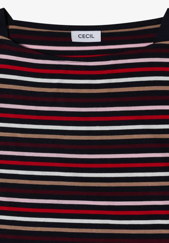 Camiseta de manga tres cuartos con cuello barco y rayas color azul marino