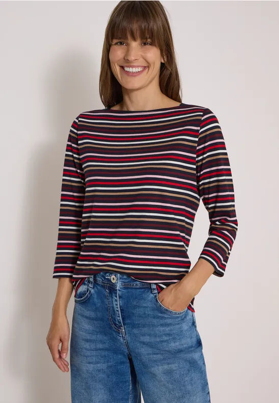 Camiseta de manga tres cuartos con cuello barco y rayas color azul marino