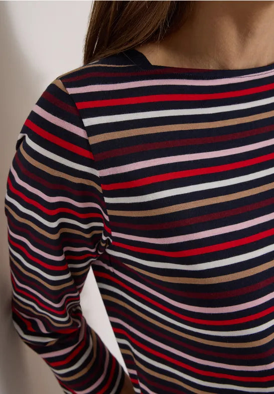 Camiseta de manga tres cuartos con cuello barco y rayas color azul marino