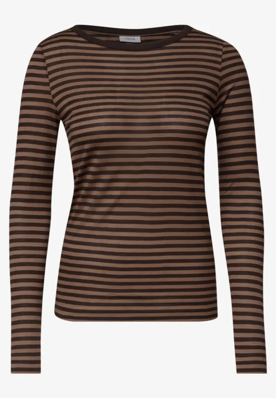 Camiseta de manga larga con escote barco y rayas en color marrón