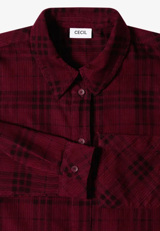 Blusa camisera de manga larga con estampado de cuadros en color granate