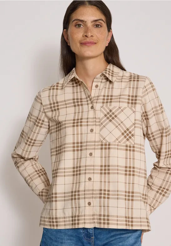 Blusa camisera de manga larga con estampado de cuadros en color beige