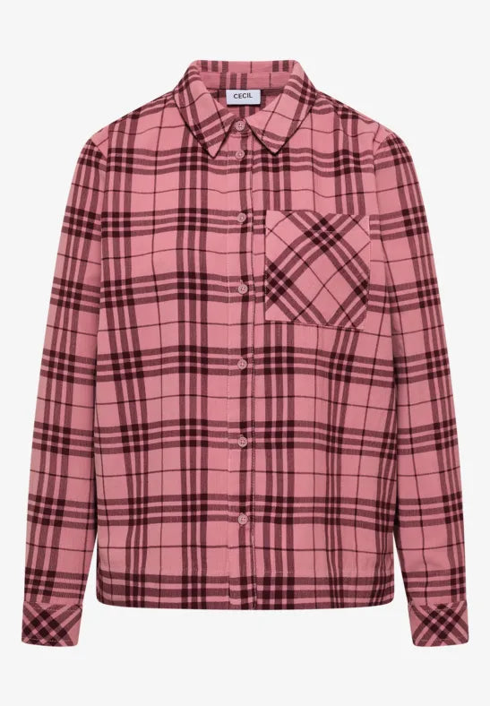 Blusa camisera de manga larga con estampado de cuadros en color rosa