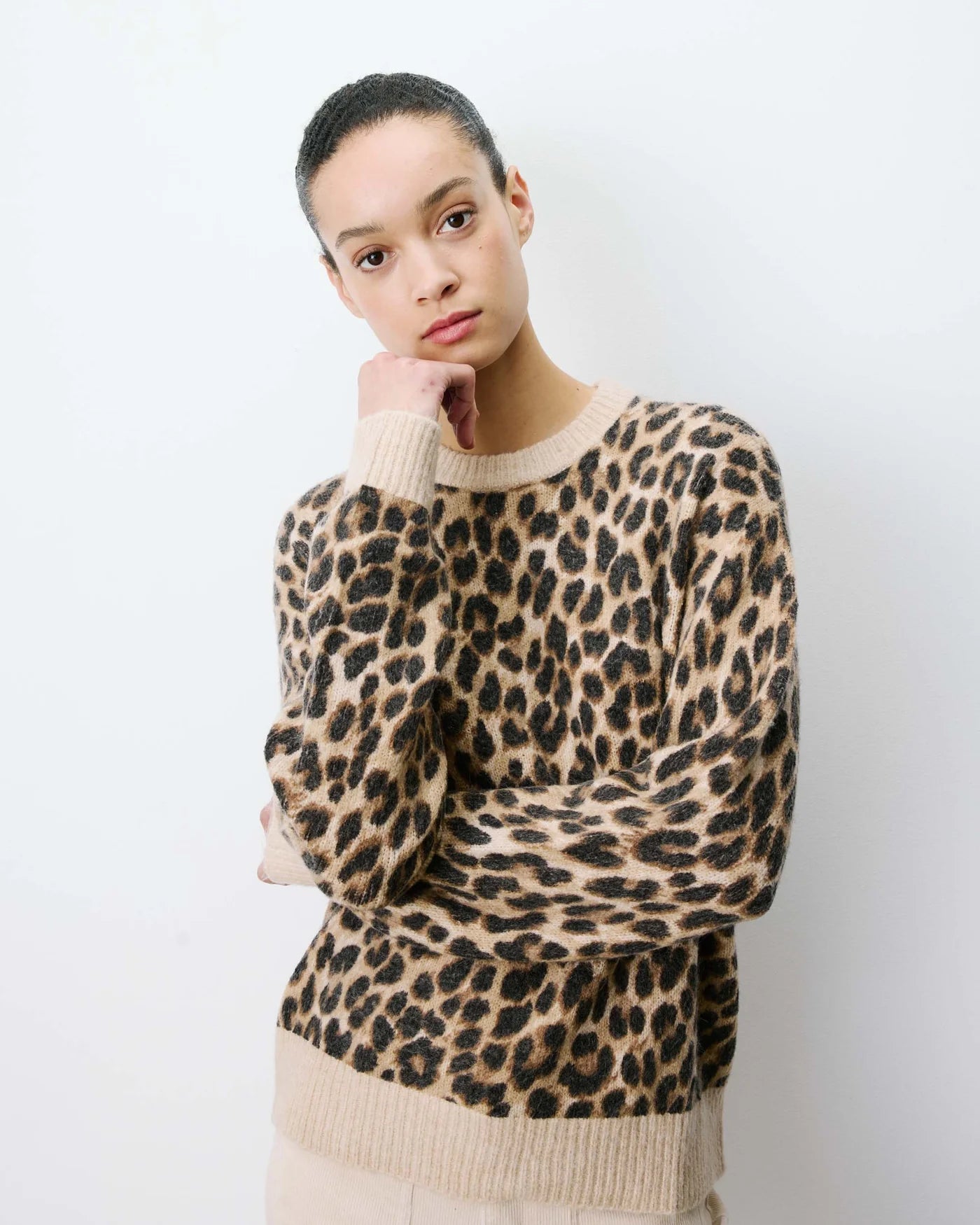 Jersey Alexiel de cuello redondo con estampado de leopardo