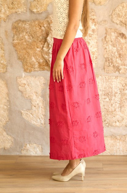 Falda midi bordada fucsia Rosalie
