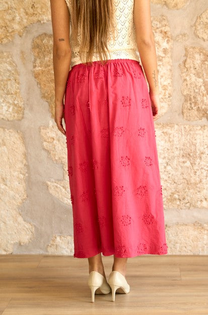 Falda midi bordada fucsia Rosalie