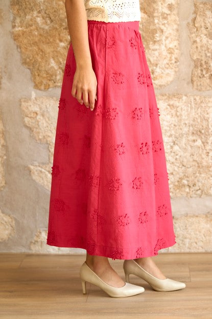 Falda midi bordada fucsia Rosalie